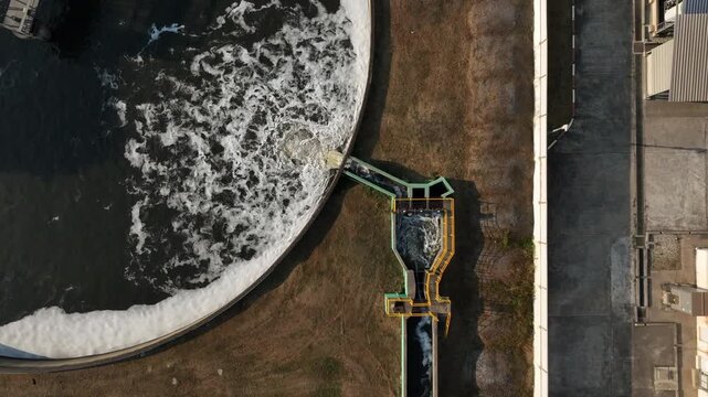 Aerial view wastewater treatment plant. Circular sedimentation tanks biological reactor, Water cleaning facility wastewater treatment plant, Recirculation solid contact clarifier sedimentation tank.