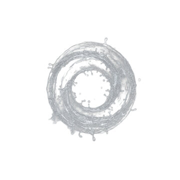 Crystal clear water toroidal vortex splash, frozen mid-motion, hyper-detailed with luminous droplets, dramatic arc, against a pure black background. Concept for beverage advertising