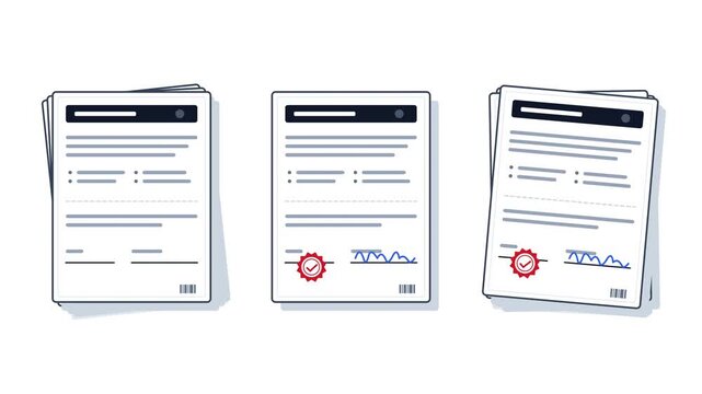 Animated Paper Documents Being Signed And Stamped With Official Seal
