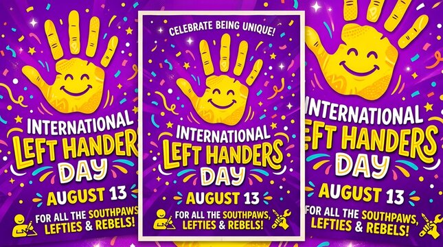 International left handers day poster design with yellow hand print graphic