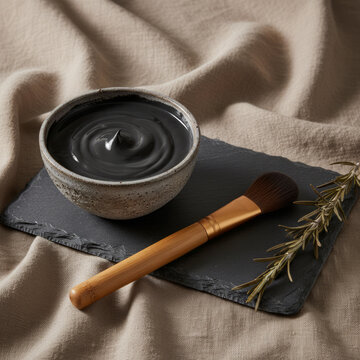 Charcoal Facial Mask With Bamboo Brush On Slate Board And Rosemary, Natural Skincare Still Life