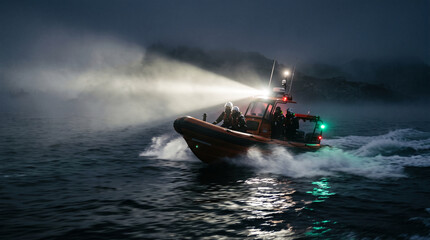 Fototapeta premium Rescue boat with searchlights operating at night in misty ocean