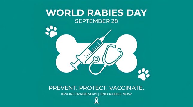 World rabies day awareness graphic with syringe and dog bone, veterinary