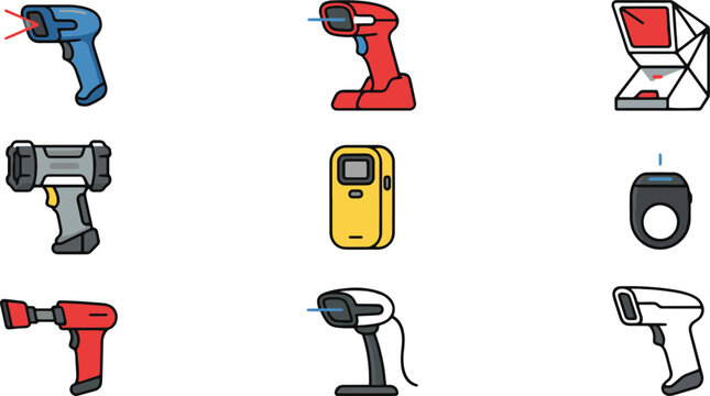 Colorful barcode scanner reader laser technology vector icon set illustration for retail shop warehouse