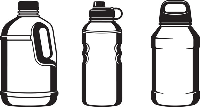Collection of reusable water bottles and jugs in black and white