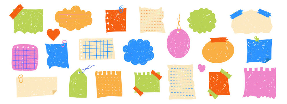 Paper notes and memo frames with crayon texture doodle scribble set. Grid paper notebook pages with torn edges, retro bullet journals and school graph. Reminders, sticky notes.