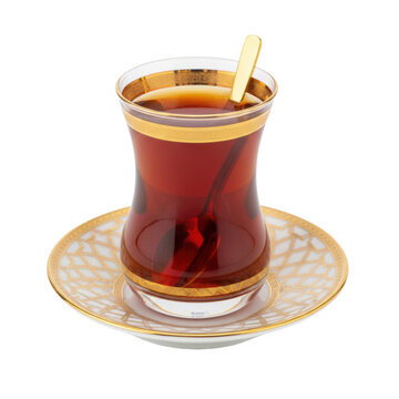 ultra-close-up, elegant turkish *ince belli* tea glass with 24k gold trim, ruby tea, and golden spoon on white saucer, high-key studio light, luxurious traditional tea concept