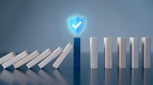A glowing blue shield icon stops a row of falling dominoes representing business risk management and security protection concepts