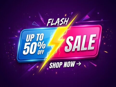 A vibrant digital flash sale banner featuring a bright yellow lightning bolt splitting a blue and pink rectangular background