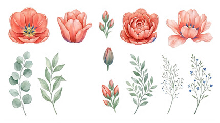 Fototapeta premium Watercolor pink peony flowers isolated on white background. Hand-drawn botanical illustration of blooming roses for design and decor.