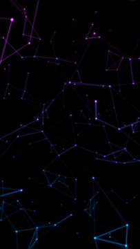 Vertical glowing purple blue abstract digital network node line background. Futuristic constellation mesh connection for high-tech big data, artificial intelligence, and cyber science concept