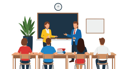 Teachers presenting lesson to students in classroom vector illustration, indoor front view