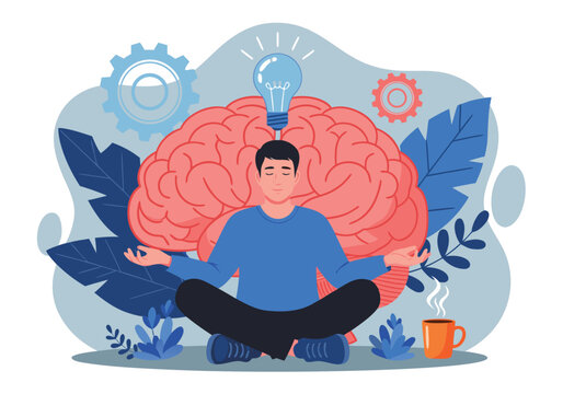 Front view vector illustration of a man meditating indoors to generate creative brain ideas in a minimal office environment.