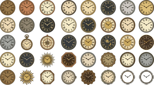 Vintage Clock Face Vector Pack with Retro Pocket Watch Dials and Antique Roman Numeral Frames for Decorative Timepiece Graphic Design Projects