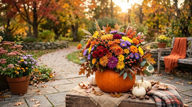 Beautiful autumn flower arrangement inside a pumpkin on a stone patio