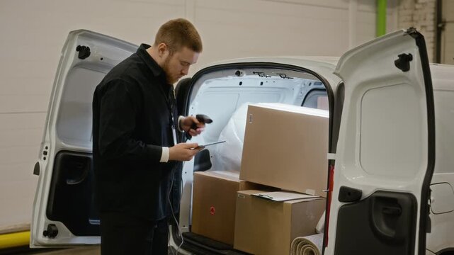 Caucasian young adult male courier scanning cardboard boxes in back of delivery van using barcode scanner and tablet. Footage perfect for logistics, supply chain, and ecommerce shipping videos