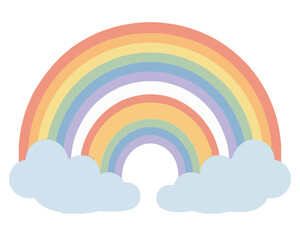 Fototapeta premium Hand-traced vector illustration of a pastel double rainbow arching gracefully over soft fluffy clouds, featuring gentle multicolored stripes in soothing rainbow hues, perfect for weather and nature