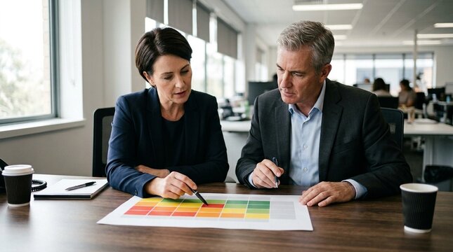 Two executives reviewing a printed executive compensation governance summary at a shared
