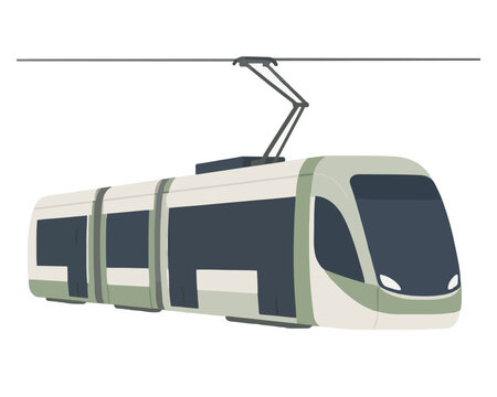 Modern articulated tram vector illustration with raised pantograph touching overhead electric wire, sleek white and green city light rail public transit vehicle, clean hand-drawn graphic icon design