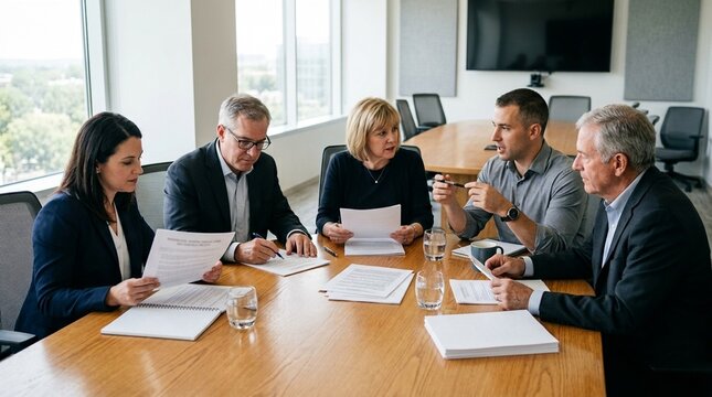 Governance committee reviewing a printed physician recruitment and retention policy around a table