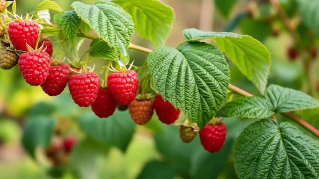 Fresh ripe raspberries hanging naturally on branches inside healthy organic berry plantation