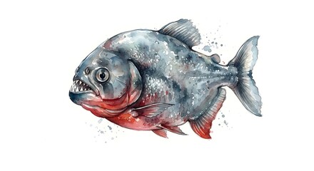 Fototapeta premium 水彩画風のピラニアのイラスト：白背景、鋭い歯を持つ凶暴な熱帯魚