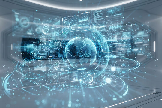 Clean white high tech laboratory background with floating blue holographic cyber interface elements