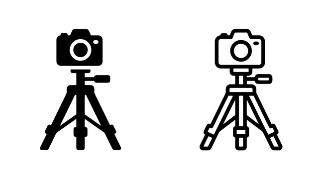 Camera on tripod solid and outline icon set with photography