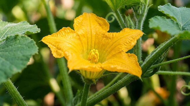 Bright yellow pumpkin flower blooming in a lush organic vegetable garden