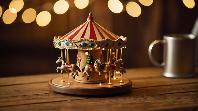 Whimsical vintage toy carousel with red and white striped roof standing on a wooden table against a warm glowing bokeh backdrop.