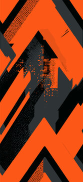 Vibrant orange and black abstract geometric pattern with grunge textures and dots. Abstract neon orange dynamic zigzag seamless pattern background