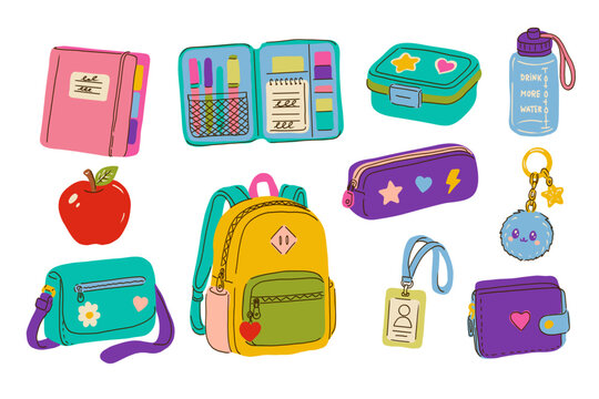 Back to school set of hand drawn vector illustrations including a backpack, cross body bag, pencil case, organizer, badge, folder, keychain, wallet, water bottle, lunchbox, apple.