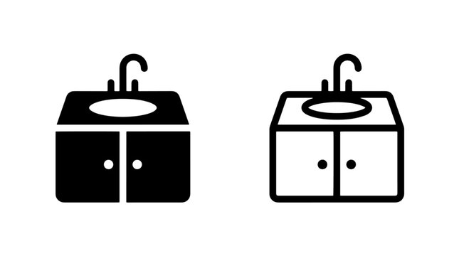 Bathroom vanity cabinet and sink vector icons with bathroom