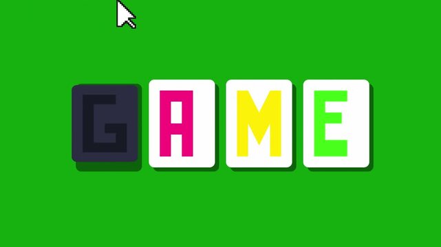 Colorful game text animation with pixel mouse cursor on green screen