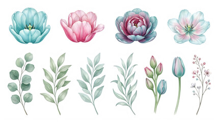 Fototapeta premium Watercolor floral bouquet and botanical elements set. Hand-painted spring flowers, leaves, and buds in soft pastel tones for design projects.