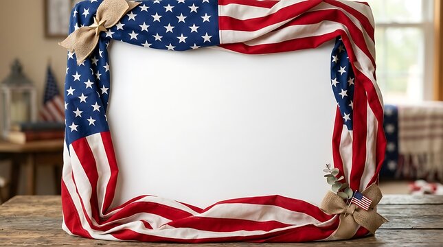Blank white square frame decorated with rustic american flag fabric border