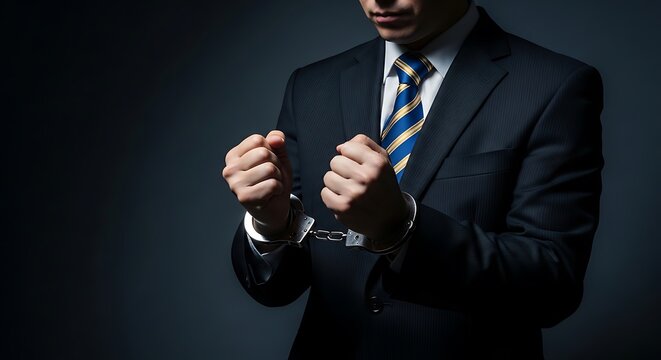 Person in suit, with a blue and gold tie, wearing handcuffs, set against a dark background