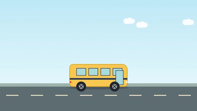 Yellow school bus driving across a sunny landscape animation, back to school transport loop