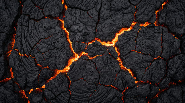 Cooling black lava rock with glowing magma cracks. Volcanic surface texture background.