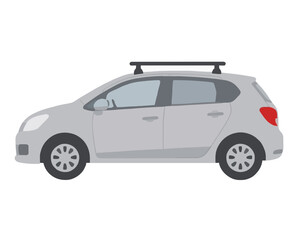 Naklejka premium Silver compact hatchback car with black roof rack, hand-drawn vector icon illustration showing side profile of small family vehicle for travel and transportation design