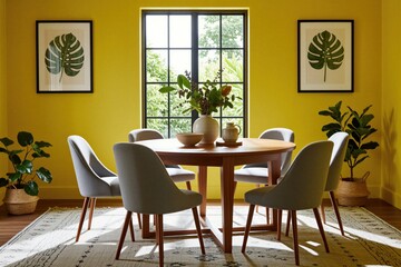 Fototapeta premium Round wooden dining table with grey chairs stands in yellow room. Bohemian interior design features large window, green plants in pots. Modern home decor style includes framed tropical leaf wall art