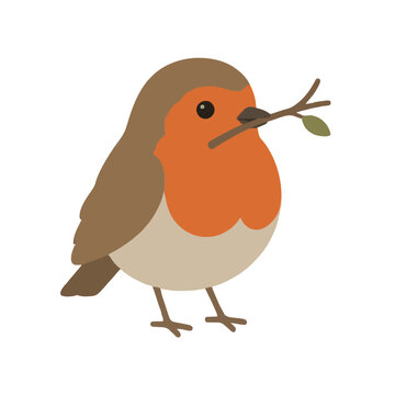 Charming flat vector illustration of a European robin hand-drawn in an isolated cartoon style, holding a small twig with a green leaf in its beak, perfect for nature, wildlife, and seasonal design