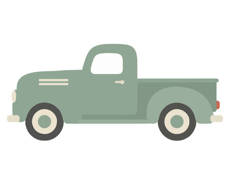 Hand-traced vintage pickup truck side view vector icon illustration in sage green with classic rounded body, open cargo bed, and retro wheel design