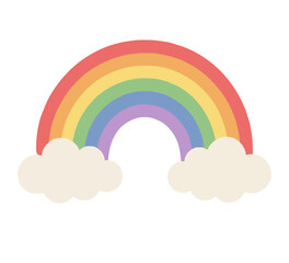 Fototapeta premium Hand-traced vector icon of a cheerful multicolored rainbow arch spanning two soft fluffy clouds, featuring red orange yellow green blue purple bands in flat illustration style for weather and nature