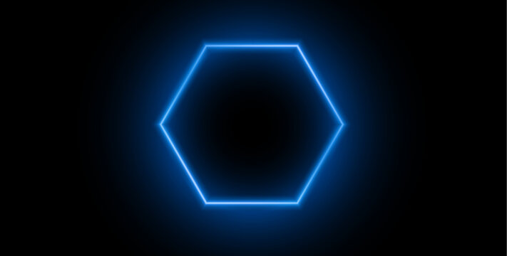 Glowing neon blue hexagon frame border isolated on black background