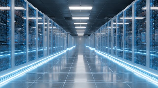 Futuristic data center hallway with glowing server racks and reflective floor for advanced computing with accents polished reflective