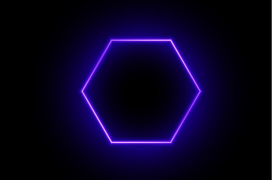 Purple neon hexagon frame with bright glowing lines on dark background