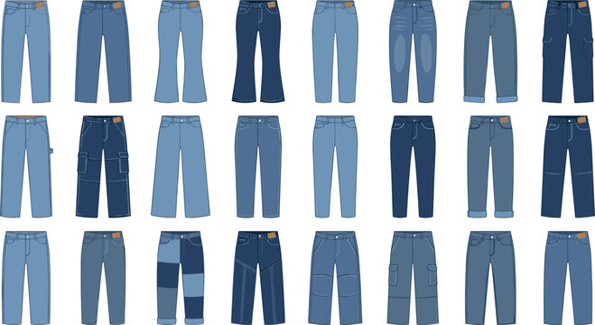 Blue Denim Jeans Collection Icon Set with Various Fashion Styles Including Cargo Patchwork Wide Leg and Classic Pants Vectors for Clothing Retail