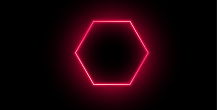 Glowing red neon hexagon frame on black background with copy space