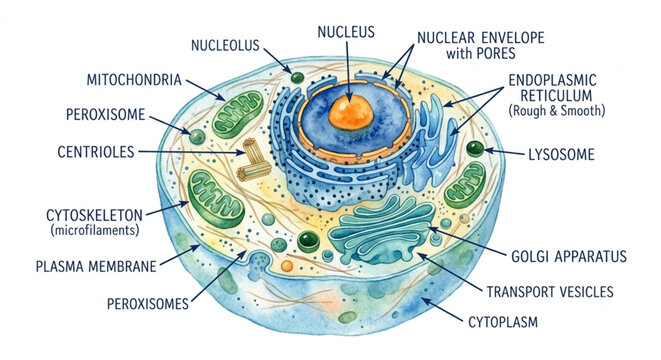 Animal Cell Structure Watercolor Biology Illustration